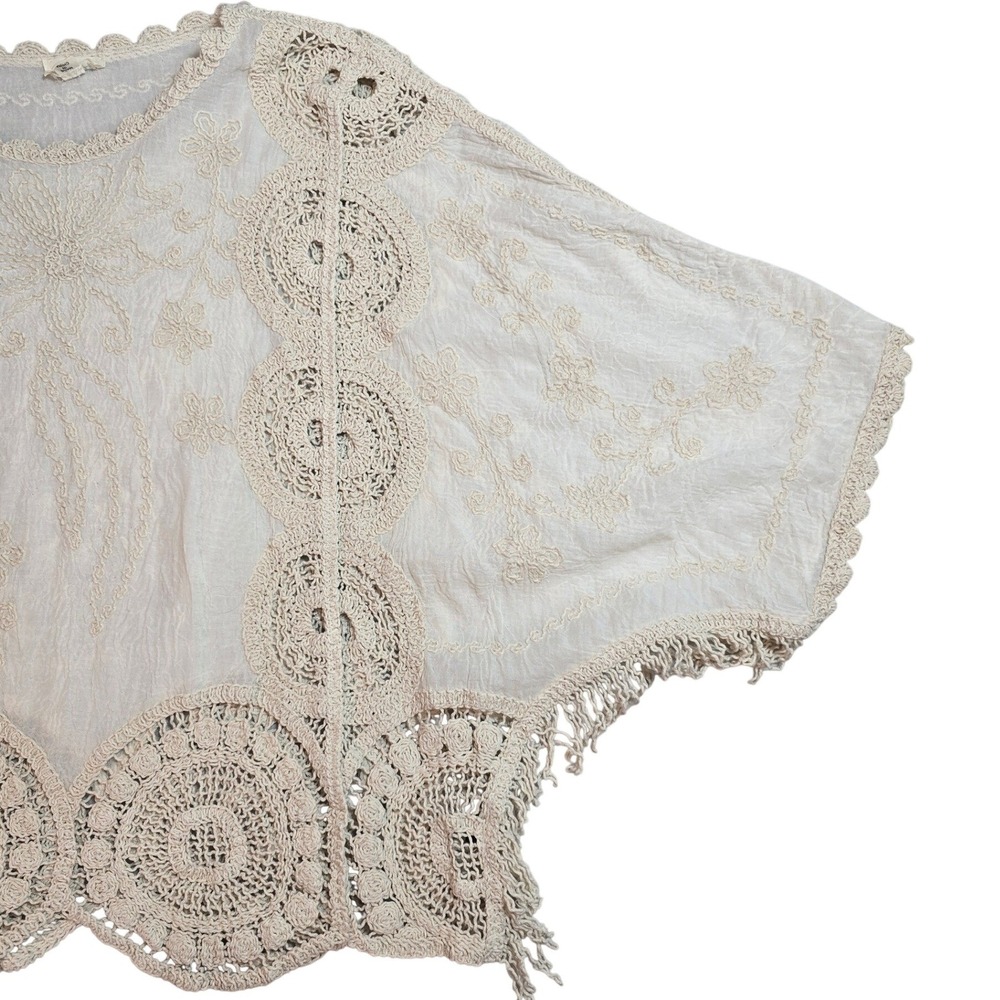 POL Womens Cream Crochet Embroidered Fringe Boho Gauze Top One Size - Picture 5 of 10